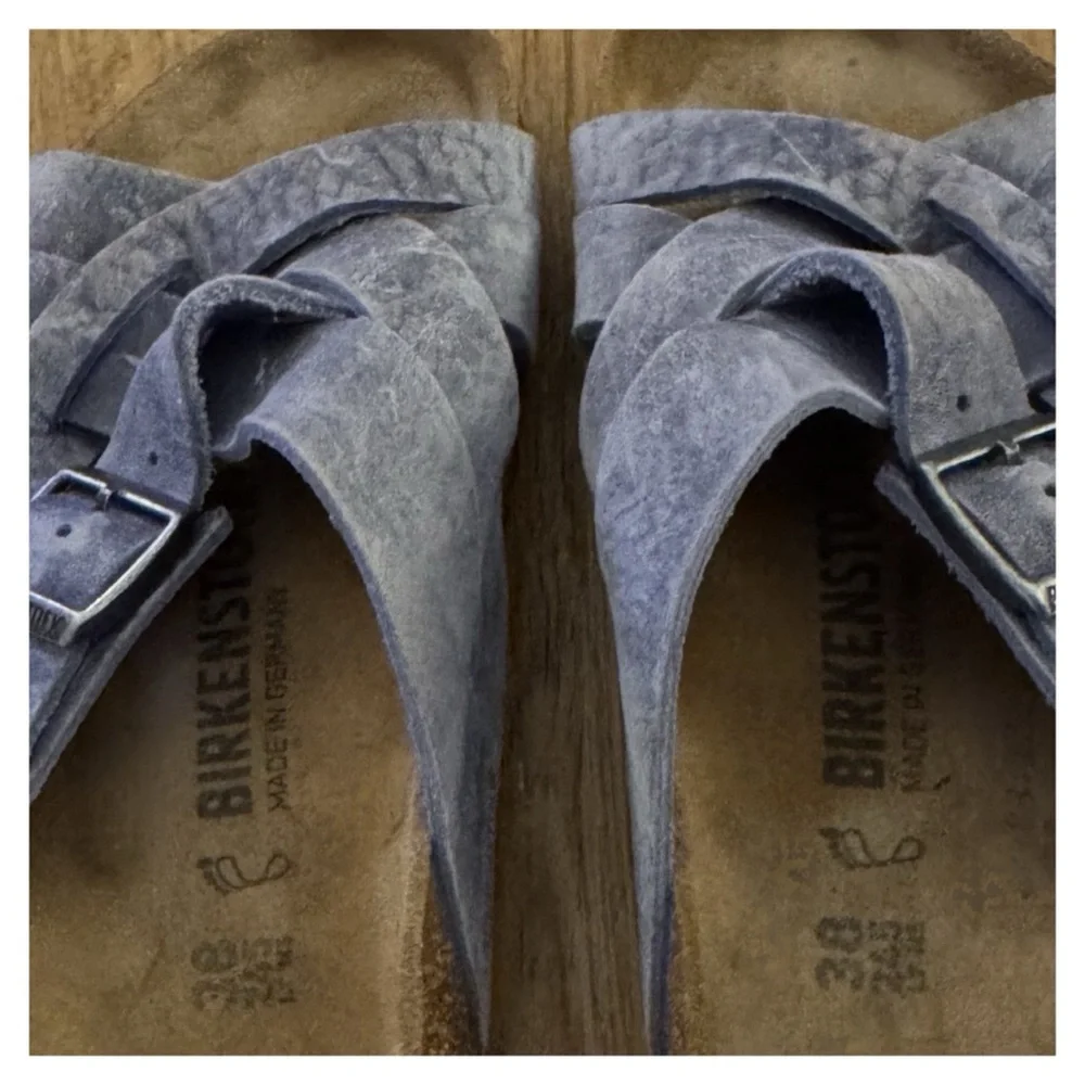 Birkenstock Lugano Soft Footbed Oiled Suede Sandals in Dusty Blue - Picture 6 of 9